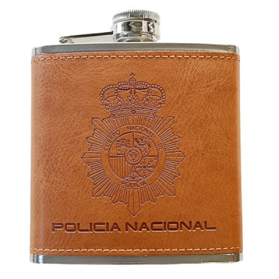 Petaca Policia de Acero Inoxidable 304 Forrada en Piel(Marron)6oz 177ml