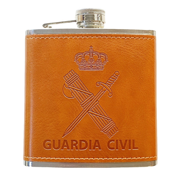 Petaca Guardia Civil de Acero Inoxidable 304 Forrada en Piel(Marron)6oz 177ml